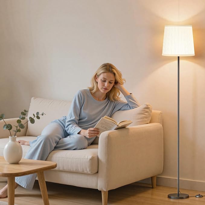 Dimmable Floor Lamp with Pleated Shade for Living Room | Dimmable LED Standing Lamp with Remote & Foot Switch, Modern Floor Reading Light for Bedroom Office Corner
