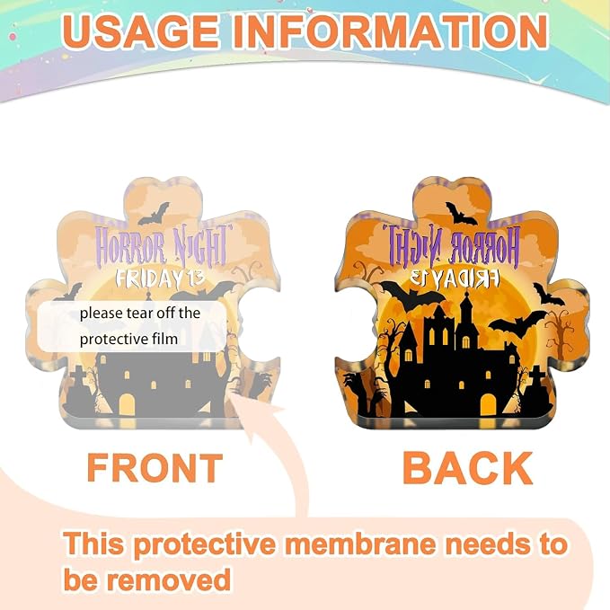 Happy Halloween Decor Acrylic Puzzle-Shaped Desk Sign Plaque Decorations Present Gifts Halloween Horror Night Bat & Castle Pattern Designs for Home and Office Desktop Ornaments Supplies