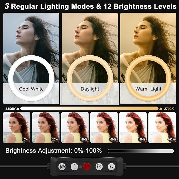 12" Selfie Ring Light with 75" Tripod Stand & 2 Phone Holder, LED Camera Ringlight with 48 RGB Colors Modes & Musical Rhythm Mode and 12 Brightness Dimmable for TikTok/Makeup/Photography/Vlog