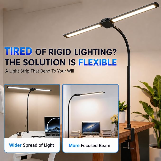 LED Desk Lamp for Home Office, Eye-Care Architect Light with Clamp, Double Head Computer Monitor Table Light with 3 Color Modes 10 Brightness, Adjustable for Reading, Study, Workbench, Black
