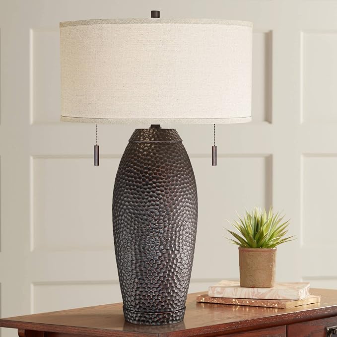 Noah 31" Large Table Lamp Dimmer Bronze with USB Charging Port | Hammered Brown Industrial Farmhouse Vintage Rustic Living Room Bedroom House Bedside Nightstand Home Oatmeal Drum