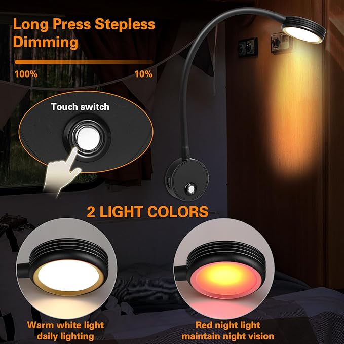 2 Pieces 12v Rv Reading Light Bedside Lamp Dimmable Wall Mounted Reading Light with USB Charging 3000k Warm White Flexible Gooseneck Bed Lamp for for Rv Interior Camper Van Boat (Black)