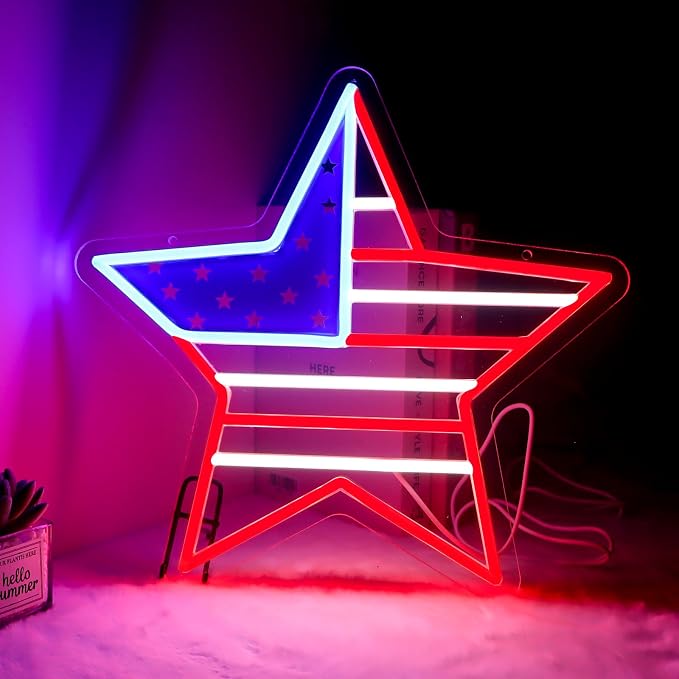 American Flag Star Neon Sign, 4th of July LED Decor | Dimmable Patriotic LED Light, USB Powered, 4th of July Decor, Includes Chain & Hooks, Red White Blue