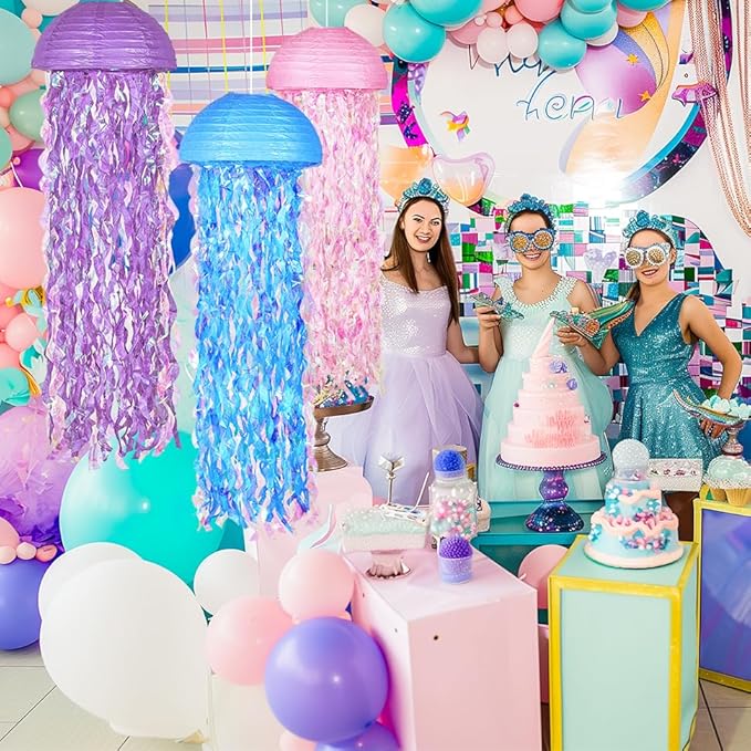10" Mermaid Jellyfish Lanterns – Pink Purple Blue Decorations for Mermaid Birthday Party, Under the Sea Theme, Baby Shower, Ocean & Beach Room Hanging Decor (Set of 6)