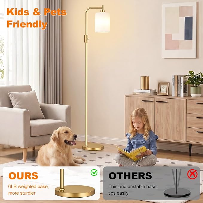 【Upgraded】 Dimmable Floor Lamp for Living Room with Opal Glass Lamphade, Gold Modern Glass Floor Lamp with 900LM LED Bulb Included, Arc Standing Tall Lamp for Bedroom, Office, Reading Room, Corner
