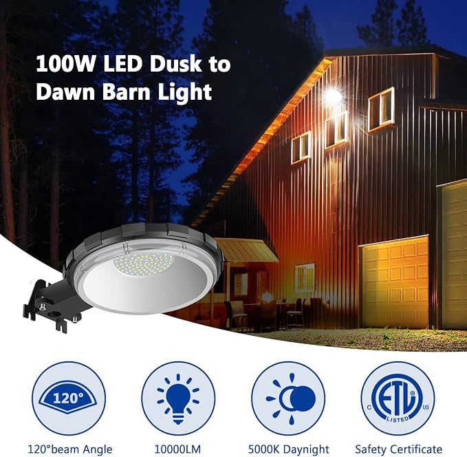 Karjoefar 100W LED Barn Light with 10KLM 5000K Daylight | Dusk to Dawn Outdoor Lighting with IP65 Waterproof, Security Yard Outdoor Lights for Yard, Street, Warehouse, Garage (2 Pack)