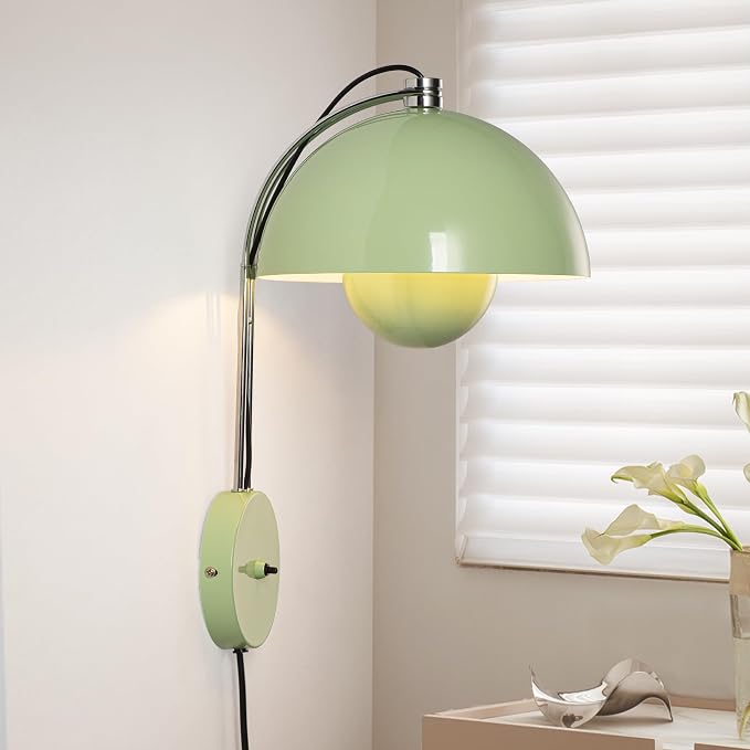 Mid-Century Modern Bud Plug in Wall Sconces for Bedroom, Pastel Green | Indirect lighting reading wall lamp, all-metal construction, plug-in or hardwired install, fits bedroom bedside, living room