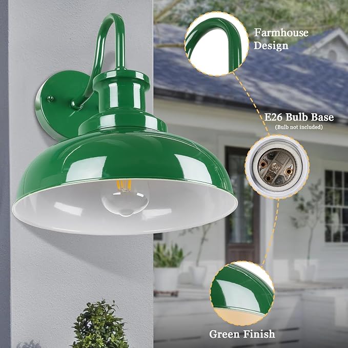 Outdoor Barn Lights - Rustic Farmhouse Exterior Mount Lights, Vintage Indoor/Outdoor Wall Lighting Fixtures, Industrial Green White Porch & Garage Lanterns - RZ007-2 GR+WH