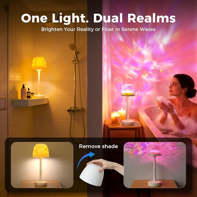 2-Pack Shower Lamp with Ocean Wave Projector, Rechargeable Waterproof LED Bathroom Light, 16 Colors, Remote & Touch Control, 3 White Modes, USB-C Mood Light for Shower, Spa, Bedroom