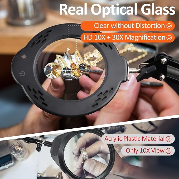 10X 30X Magnifying Glass with Light, Desktop LED Magnifying Lamp with Clamp, 5 Color Modes, 10 Dimmable Levels Lighted Magnifying Glass, Magnifying Glass for Reading, Crafts, Jewelry, Sewing