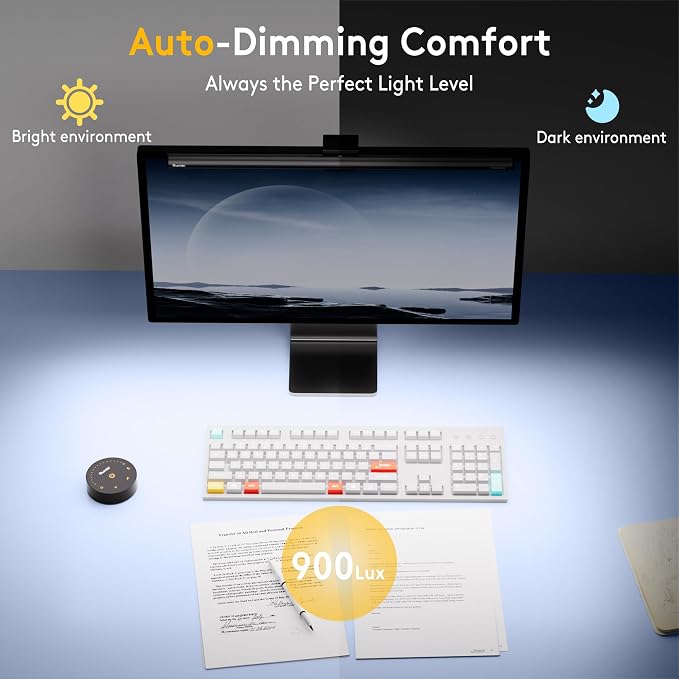 Quntis 20.5'' Computer Monitor Light - Radar Motion Sensor, Eye-Care Professional Desk Lamp Bar, Stepless Dimming Remote Control, Auto-Dimming & Timer, Space Saving Fit for Curved & All Screens
