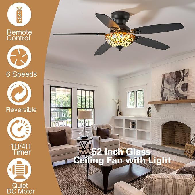 Ceiling Fans with Lights-52 Ceiling Fan Chandelier and Glass Shade | 52" Ceiling Fan Chandelier with 5 Dual-Blades and Glass Shade, 6 Speeds and Reversible, Indoor and Outdoor, Retro Style