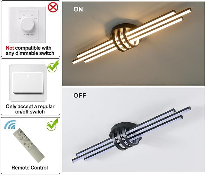 Garwarm 39In Modern Dimmable Linear LED Ceiling Light with Remote, Black | Low Profile Flush Mount Kitchen Ceiling Light, 3000K-6500K, 24W for Kitchen, Dining Room, Living Room, Bedroom, Hallway