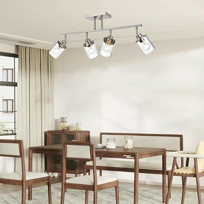 Yaohong 4-Light Track Lighting Kit Brushed Nickel Track Lighting Fixtures, Bathroom Wall Light Ceiling Mount Rotatable Spotlights, Kitchen Ceiling Light Fixtures with Glass Shade for Bathroom Hallway
