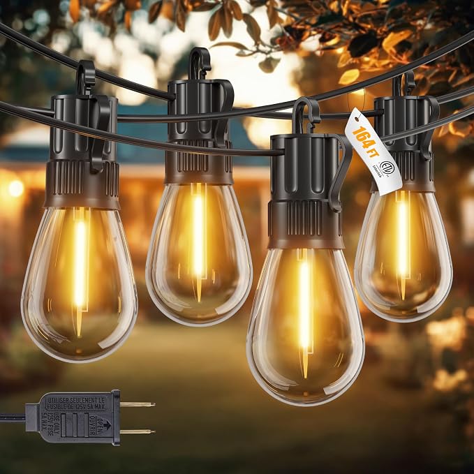 Minetom 164FT Outdoor String LED Patio Lights Waterproof,Shatterproof S14 Vintage Edison Bulbs,Commercial Grade Outside Hanging Lights Waterproof for Porch Deck Garden Backyard Balcony Cafe Bistro