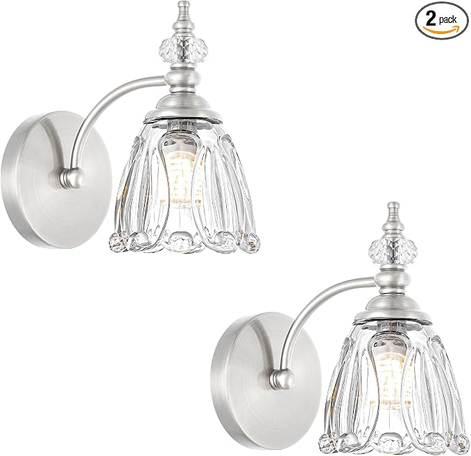 Vintage Wall Sconces Set of Two, Brushed Nickel Bathroom Vanity Light Fixtures, Hardwired Sconces Wall Deco Set of 2, Glass Wall Lights for Bathroom, Bedroom,Hallway (Excludes G9 Bulb)