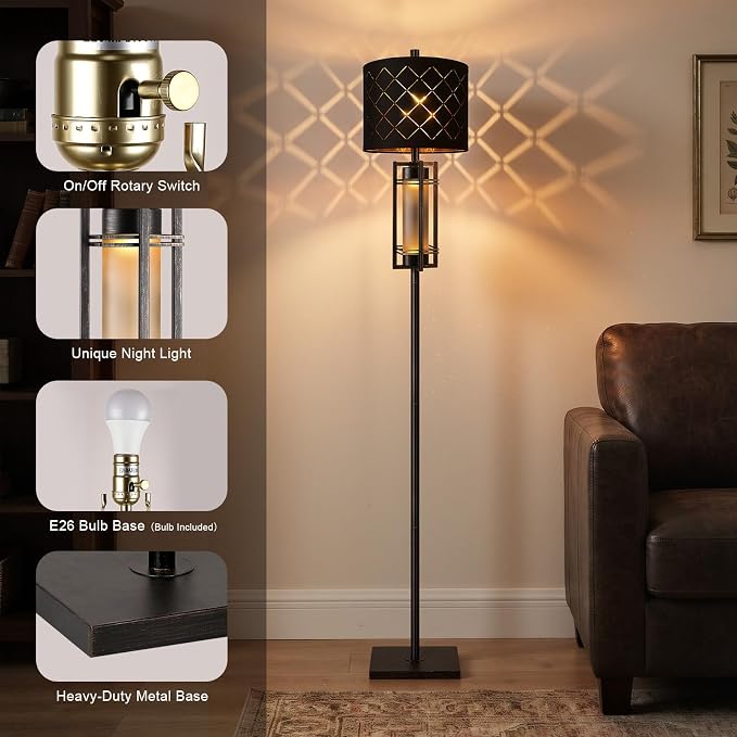 74'' Floor Lamp with Nightlamp, Modern Black Tall Standing Lamp, Metal Base | Gold-Brushed Black Lamp Body, Rotary Switch,Upgraded Model Height,Black Grid Lampshade,Heavy-duty Base,Floor Lamp for Bedroom