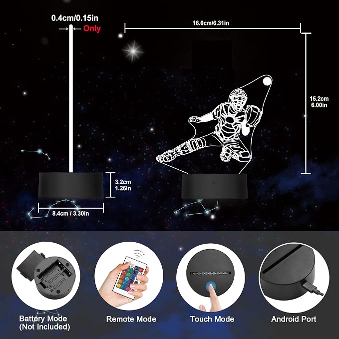 Ammonite Baseball Catcher Night Light, 3D Illusion Baseball Player Lamp for Kids, 16 Colors Changing with Remote, Kids Bedroom Decor as Xmas Holiday Birthday Gifts for Boys Girls