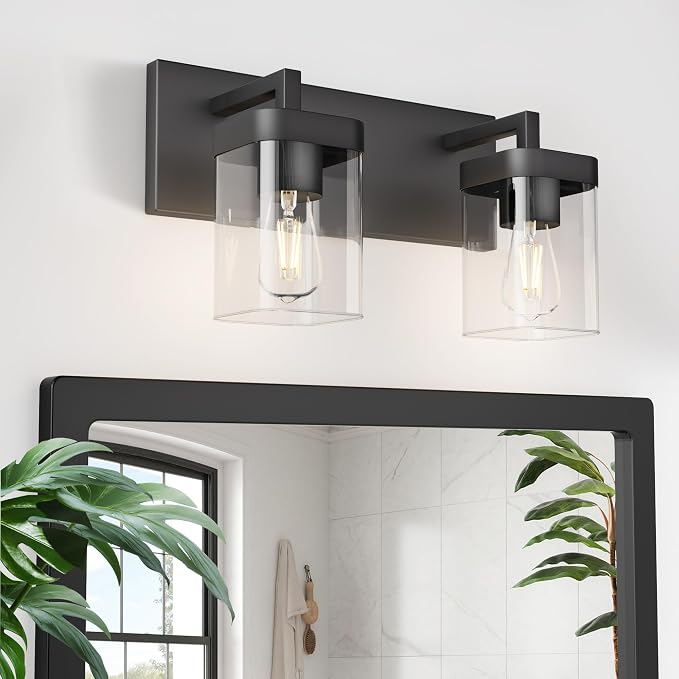 Bathroom Vanity Light, Square Design 2 Lights Morden Bathroom Lighting Fixtures Over Mirror, Black Light Fixtures for Living Room/Bedroom