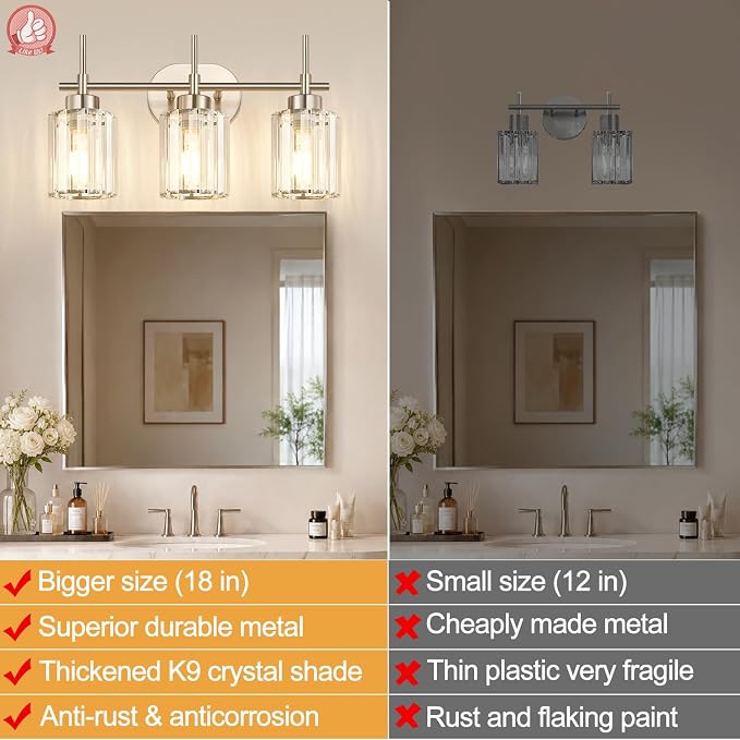 3-Light Bathroom Vanity Light Fixture, Brushed Nickel Bathroom Light with K9 Clear Crystal Shades, Modern Wall Sconce Lighting for Bathroom Mirror, Bedroom, Hallway