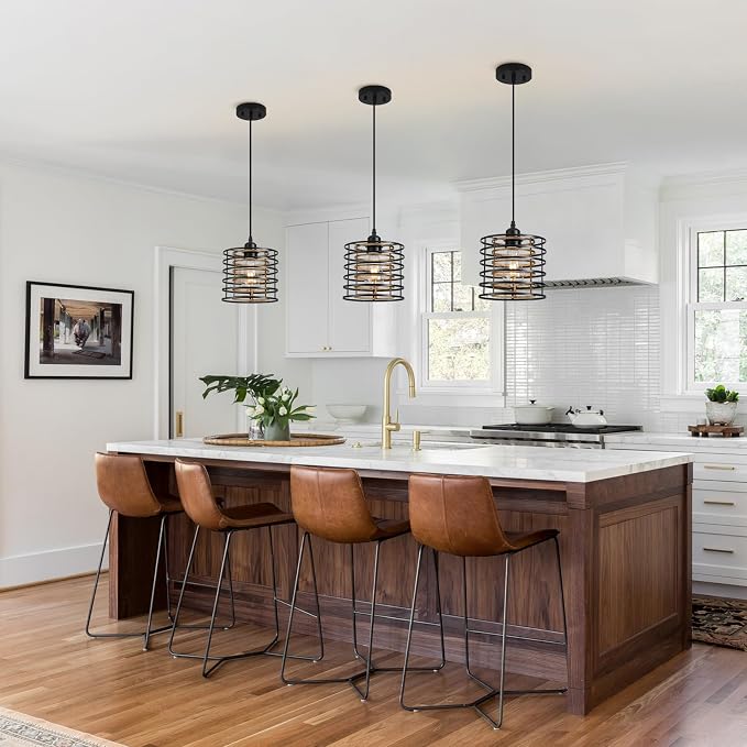 Farmhouse Pendant Lights Kitchen Island, Kitchen Hanging Light Fixtures Wood Grain Cage Metal Lighting for Dining Room Bedroom Bar Office Entryway Hallway, Industrial Black, 1 Pack