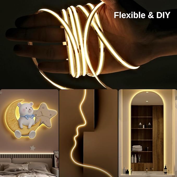 65.6ft COB LED Strip Light with Remote, 3000K Dimmable Bright Warm White Led Lights Strip, Flexible DC24V Led Tape Light for Bedroom, Kitchen, DIY Lighting (2 Rolls of 32.8ft)