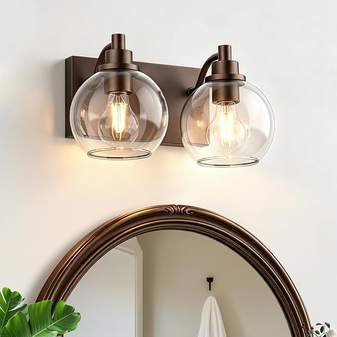 IZORRO Bathroom Light Fixtures, 2-Light Oil Rubbed Bronze Vanity Light, Modern Wall Sconces with Globe Clear Glass Shade, Vanity Lighting Fixtures Over Mirror,E26 Bulb Socket