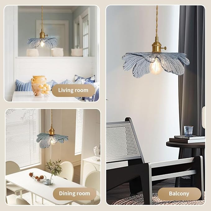 Vintage Glass Pendant Light Gold Brushed Brass Hanging Light with Blue Flower Glass Shade, Farmhouse Pendant Lighting for Kitchen Dining Room Bedroom, 1-Light
