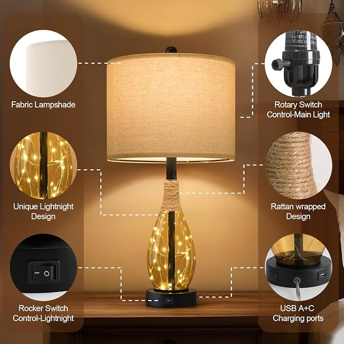 23" Table Lamps for Living Room Set of 2 Bedside Lamps for Night Stands Bedroom Lamps Farmhouse Rattan Boho Lamp Glass Nightlight End Table Lamp,Two Light Points