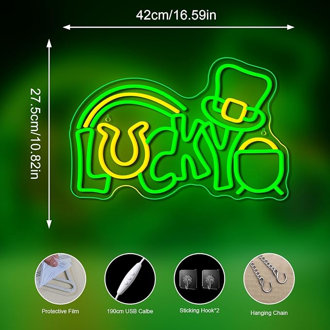 Lucky Clover Neon Sign Green Leaf Light for St. Patrick's Day Decoration | 15.7IN*9.8IN,Five level brightness adjustment,USB power,For Bar,Club,Pub,Party,Restaurant,Bedroom,Home,Family
