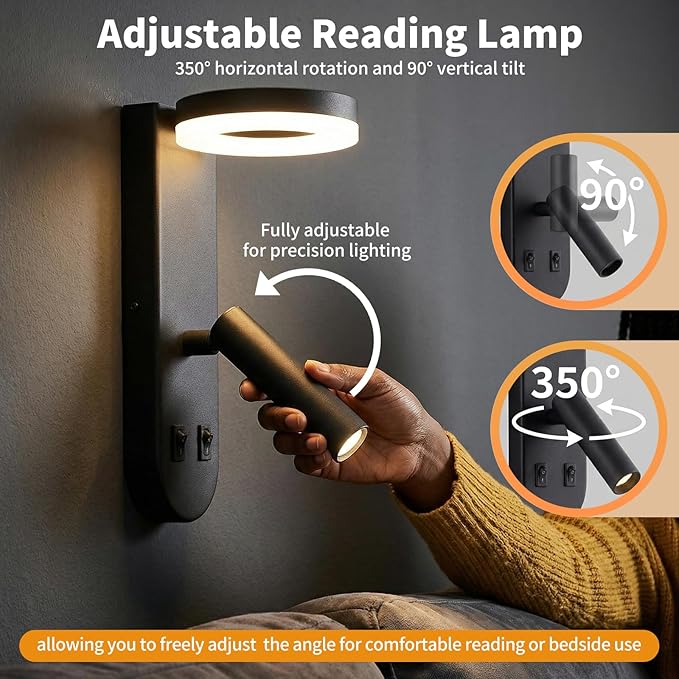 Wall Mounted Reading Lights, 350° Adjustable Bedside Lamps Set of 2 | Independent Switch , Hardwired Installation LED Wall Sconces for Bedroom, Living Room, Study Room (Black, 8.6" x 6" x 4.35")