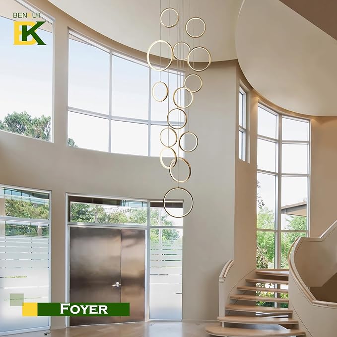 14 Ring High Ceiling Chandelier Foyer, Gold Modern LED Large Staircase Long Chandeliers Light Fixture with Remote for Staircase Entryway Living Room Dining Room(118in, 3000K-6500K)