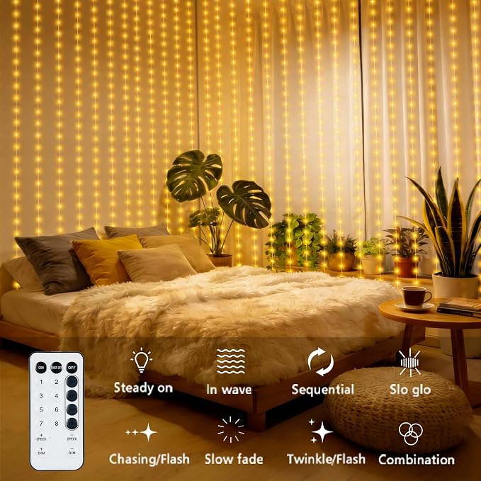 echosari Curtain Lights Battery Operated 9.8 x 9.8Ft with Timer Warm White | 300 LED Fairy Lights for Bedroom Wedding Backdrop Indoor Christmas Decor