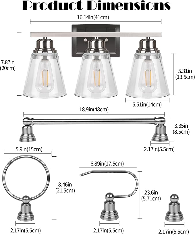 Brushed Nickel 3 Light Bathroom Vanity Light Set,5 Piece Brushed Nickel Bathroom Light Accessories Set,Brushed Nickle 3 Light Bathroom Vanity Fixture with Hardware Set