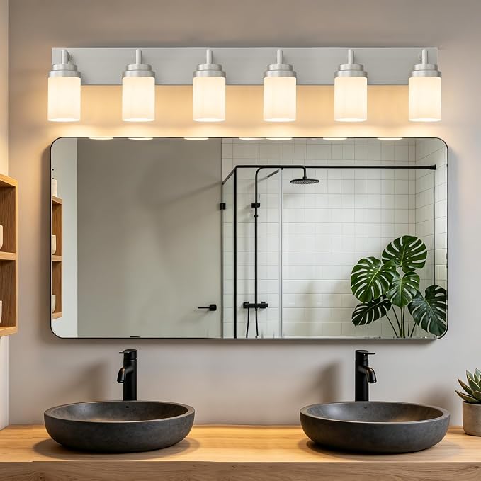 Bathroom Light Fixtures, Brushed Nickel Bathroom Lighting Fixtures Over Mirror, Modern Vanity Light with White Glass Shade, Restroom Lighting Fixtures, 6-Light 46-inch