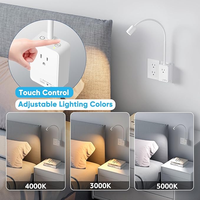 Plug in LED Spot Wall Lamps for Reading, 2 Pack White Flexible LED Book Reading Lights with Power Plug and Outlet Extender for Kitchen Bedroom, 3 Color Temperature, USB Charging Ports
