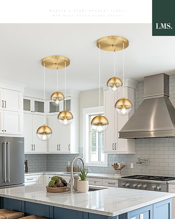 Brushed Gold 3-Light Cluster Pendant Lights, Modern Dining Room Light Fixtures Over Table with Clear Globe Glass, Adjustable Hanging Cord Ceiling Light for Dining Room Kitchen Island, LMS-186BGC3