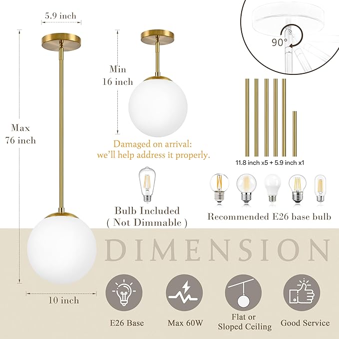 10" Globe Pendant Light Gold 2 Pack Mid Century Pendant Light Globe Pendant Lights Kitchen Island Brushed Brass Finished with Milk Glass Adjustable Ceiling Light Fixtures for Dining Room Bar