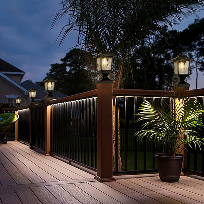 Derynome Solar Post Cap Lights,Waterproof Outdoor Light for 4x4 Wooden Posts, Solar Lights with Glass Shade for Deck Fence Patio Post Decor,Matte Black (2 Pack)