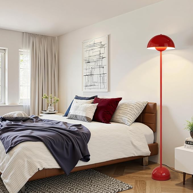 Coucrek Red Floor Lamp, 66'' Industrial Standing Lamp for Living Room | Tall Lamp with Unique Reflecting Shade, Mid Century Modern Ambient Lighting for Bedroom Corner