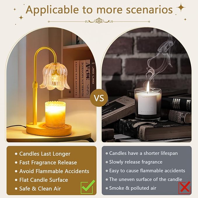 Candle Warmer Lamp Flower Electric Timer - Home Decor Women Birthday Gifts | Dimmable Candle Warmer Height Amber Glass 2 Bulbs For Jar Adjustable Wax House Warming Gifts Her Mom Halloween Christmas
