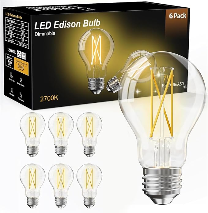 dalattin 6 Pack A19 Vintage LED Edison Bulbs, Dimmable, 60W Equivalent, High Brightness 2700K Soft White, 8W E26 Standard Base, 800 Lumens, CRI80+, Clear Glass Filament Bulb for Home