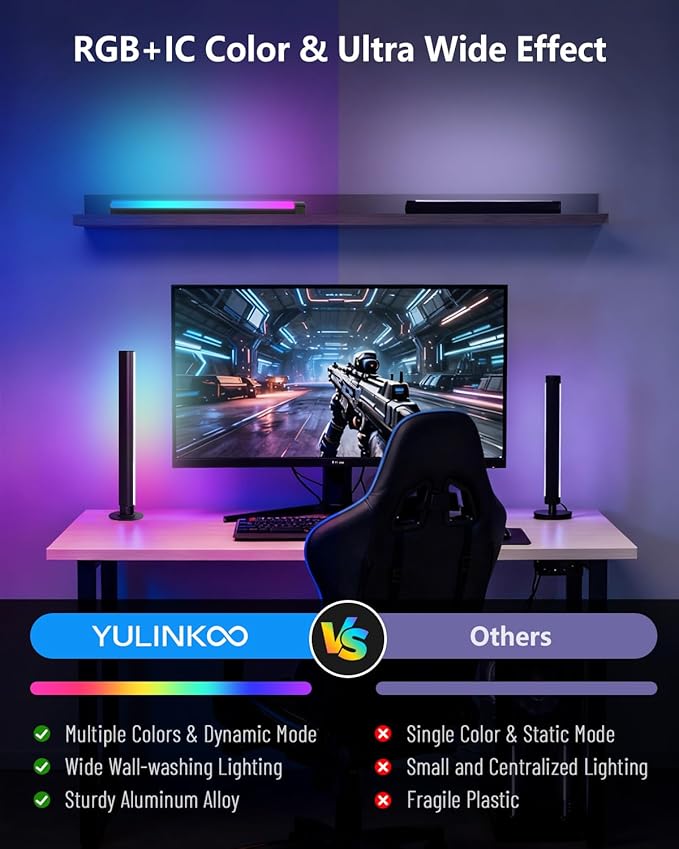 Smart RGB+IC LED Light Bar for Room, 16-Inch TV LED Backlight with Music Sync, Gaming Ambient Lighting Compatible with Alexa and Google Assistant, Sturdy Aluminum Light Bars