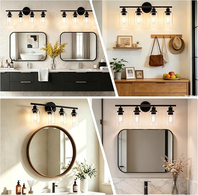 LEDVANCE Sylvania 23" Modern Bathroom Light Fixture with 4 Clear Glass Shades, Iron with Black Finish, E26 Medium Base, Vanity Lights for Bathrooms, Foyers, Entryways - 1 Pack (67905)