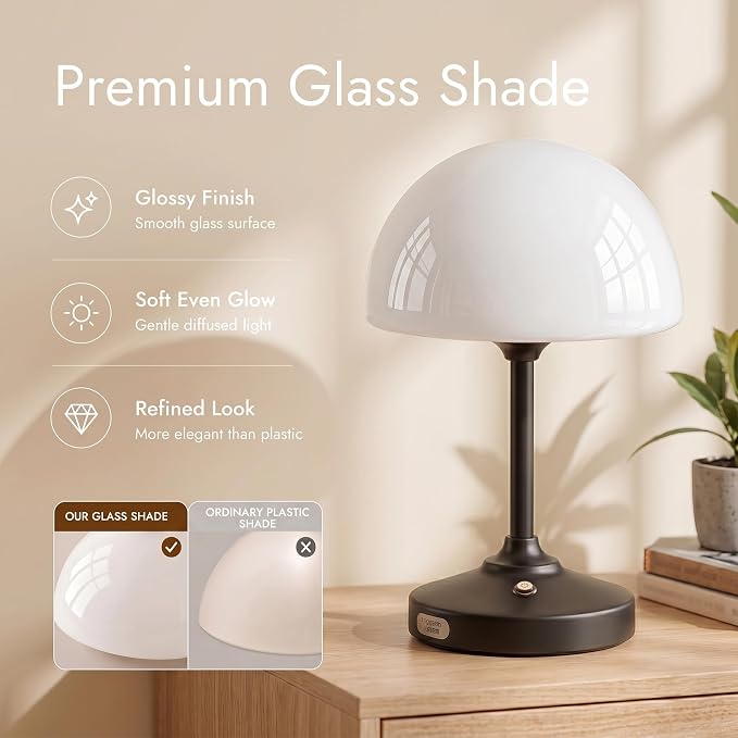 Table Lamp Cordless Lamp,5000mAh Rechargeble Battery Operated Lamp | Small Bedside Desk Lamp 11.02" with Glass Shade 3-Way Dimmable Portable LED Table Light,for Outdoor,Dinner,Patio(Black)