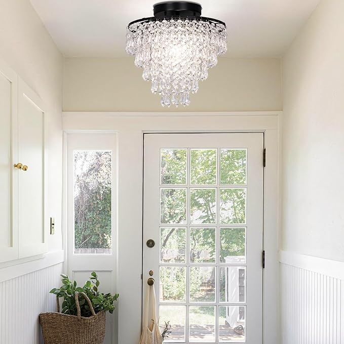 FRIXCHUR 11.8" Small Crystal Chandelier Light Fixture Mini Crystal Ceiling Light 5 Tiers Raindrops Black Chandeliers for Bedroom Hallway Closet,E26 Base