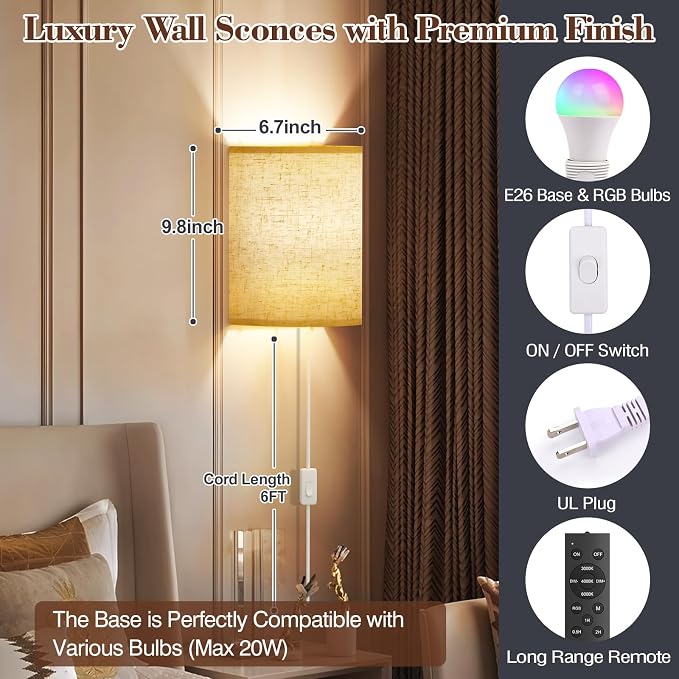 Plug in Wall Sconces Set of Two: Wall Lights with 7 RGB Colors - 3 Color Temperature Wall Mount Lamps with Remote - Fabric Linen Wall Sconc for Bedroom Living Room & Hallway- Indoor Corded Wall Sconce | 3 Color Temperature Wall Mount Lamps with Fabric ...