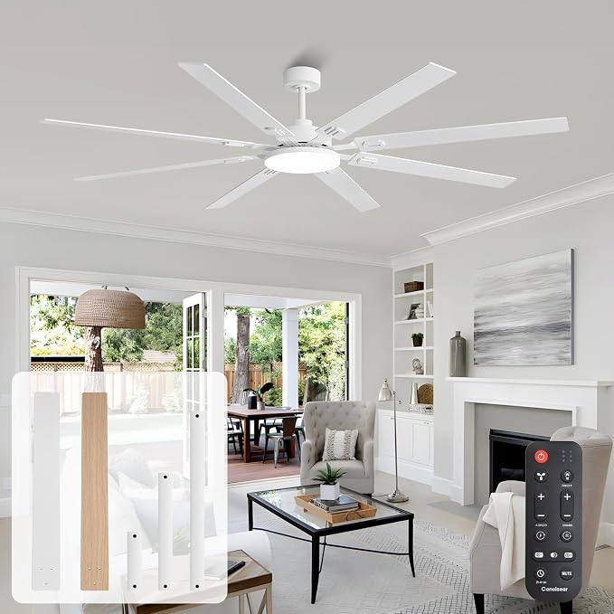 80 Inch Ceiling Fans with Lights and Remote, Bedroom Living Room Office Library Cafe Outdoor Industrial, 5CCT Dimmable, Dual Color 8 Blades, 6 Speed Reversible Quiet DC Motor, White/Wood Grain