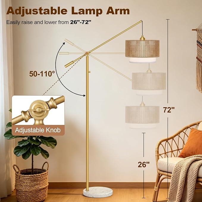 【Upgraded】Arc Floor Lamp for Living Room, Boho Dimmable Swing Arm Floor Lamp with Rattan & Fabric Shades, Gold Rattan Standing Lamp with Marble Base, Farmhouse Adjustable Tall Lamp for Bedroom Office