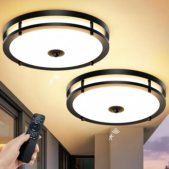 2-Pack 16IN LED Motion Sensor Outdoor Ceiling Light with Remote | Dusk to Dawn, 2700K/3000K/3500K/4000K/5000K Dimmable, 4 Lighting Modes, Large Flush Mount Ceiling Light for Entryway, Black